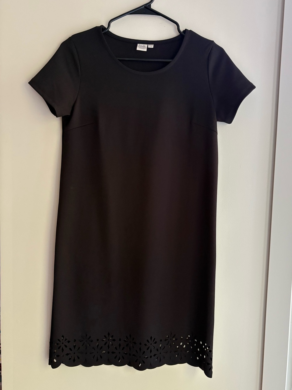 Classic Black Short-Sleeve Dress with Laser-Cut Hem